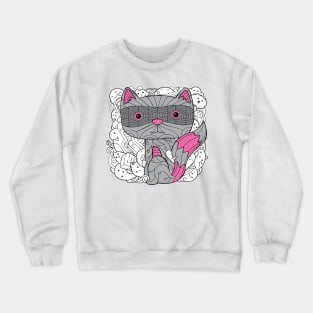 Doodle Raccoon Dark Grey Pink Colour with Doodle Background Crewneck Sweatshirt